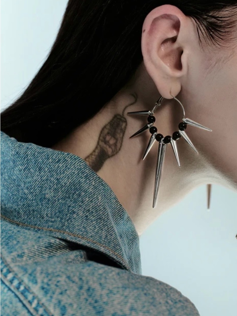 Goth Punk Silver tone Spike Hoop Earrings with Black Bead Accents NWT - Picture 2 of 2